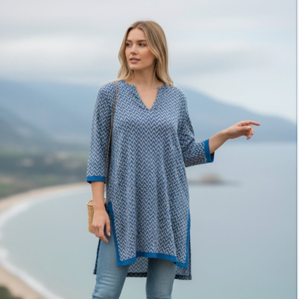 Roberta Roller Rabbit Kurta Small Blue Chevron 100% Cotton Side Slit Tunic Dress